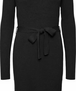 Vero Moda VMGOLD RIB LS SHORT V-NCK BELT DRESS REP Dames Jurk Black - Maat XL
