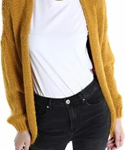 Merkloos Knitwear, Grof Gebreid Kort Vest Zoë, Vest Met Lange Mouwen, Mosterdgeel