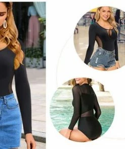 Merkloos Dames V-shaper Bodysuit Met Lange Mouwen - Zachte Rekbare Stof - Zwarte Kleur -Exporteren dameskleding winkel 550x342
