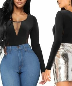 Merkloos Dames V-shaper Bodysuit Met Lange Mouwen - Zachte Rekbare Stof - Zwarte Kleur -Exporteren dameskleding winkel 550x486