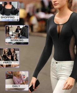 Merkloos Dames V-shaper Bodysuit Met Lange Mouwen - Zachte Rekbare Stof - Zwarte Kleur -Exporteren dameskleding winkel 550x550 117