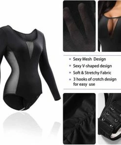Merkloos Dames V-shaper Bodysuit Met Lange Mouwen - Zachte Rekbare Stof - Zwarte Kleur -Exporteren dameskleding winkel 550x564