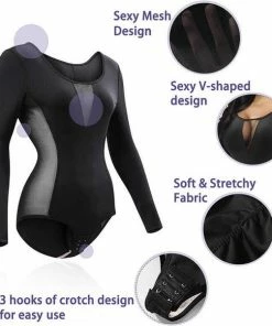 Merkloos Dames V-shaper Bodysuit Met Lange Mouwen - Zachte Rekbare Stof - Zwarte Kleur -Exporteren dameskleding winkel 550x581