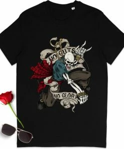 Stanley/Stella T Shirt Met Skelet En Quote: 'No Guts, No Glory' - Dames En Heren Tshirt - T-shirt Vrouwen En Mannen Met Print Opdruk - Unisex Maten: S T/m 3XL - Shirt Kleuren: Zwart, Anthracite, Frence Navy En Burgundy (bordeaux Rood).