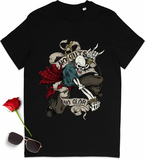 Stanley/Stella T Shirt Met Skelet En Quote: 'No Guts, No Glory' - Dames En Heren Tshirt - T-shirt Vrouwen En Mannen Met Print Opdruk - Unisex Maten: S T/m 3XL - Shirt Kleuren: Zwart, Anthracite, Frence Navy En Burgundy (bordeaux Rood). 3 Stanley/Stella T Shirt Met Skelet En Quote: 'No Guts, No Glory' - Dames En Heren Tshirt - T-shirt Vrouwen En Mannen Met Print Opdruk - Unisex Maten: S T/m 3XL - Shirt Kleuren: Zwart, Anthracite, Frence Navy En Burgundy (bordeaux Rood).