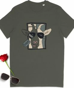 Stanley/Stella Grappig T Shirt Met Cartoon Geit - Dames T Shirt Met Print - Heren T Shirt Met Opdruk - Unisex Maten: S M L XL XXL XXXL - Tshirt Kleuren: Wit Khaki.