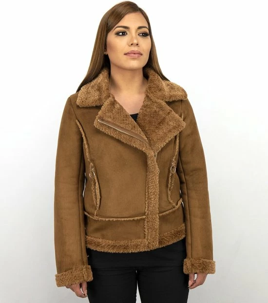 Z DESIGN Bikerjack Dames Suede - Lammy Coat - Bruin 8 Z DESIGN Bikerjack Dames Suede - Lammy Coat - Bruin - Afbeelding 6