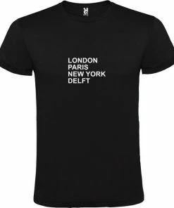 Roly Zwart T-Shirt Met “ LONDON, PARIS, NEW YORK, DELFT “ Afbeelding Wit Size L