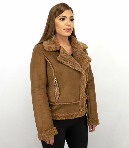 Z DESIGN Bikerjack Dames Suede - Lammy Coat - Bruin 10 Z DESIGN Bikerjack Dames Suede - Lammy Coat - Bruin - Afbeelding 8