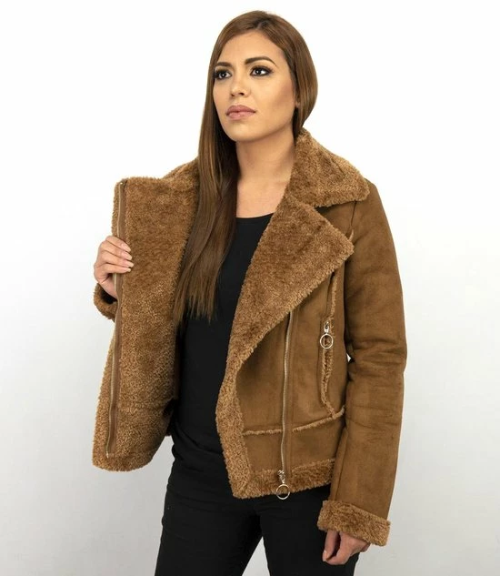 Z DESIGN Bikerjack Dames Suede - Lammy Coat - Bruin 6 Z DESIGN Bikerjack Dames Suede - Lammy Coat - Bruin - Afbeelding 4