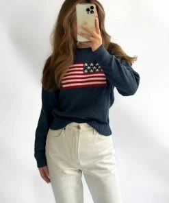 Merkloos Trui USA Navy, Gebreide Trui, Knitwear Sweater One Size