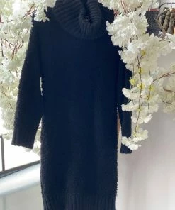 Merkloos Dikke Jurk Voor Dames Met Col - Harige Jurk - Winterjurk - Lange Jurk - Vrijetijdsjurk Met Lange Mouwen - Effen Patroon - Truijurk - Een Maat 38 Tot 44 - Zwart