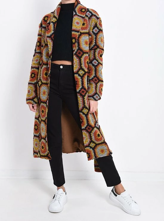 Merkloos Jas Jenny - Geometrisch Patroon - Met Zakken En Riem - Camel - One Size 3 Merkloos Jas Jenny - Geometrisch Patroon - Met Zakken En Riem - Camel - One Size