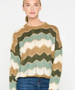 LOLALIZA Trui Met Zigzagpatroon - Khaki - Maat L