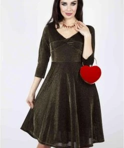 Voodoo Vixen Flare Jurk -L- Lulu Disco Goudkleurig/Zwart