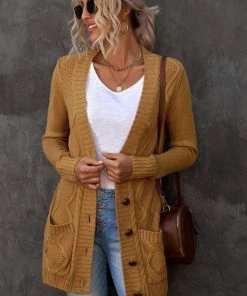 Merkloos Lang Gebreide Vest Dames - Kaki - Knoopsluiting - Valentina - Maat L