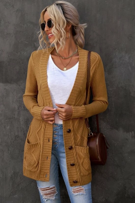 Merkloos Lang Gebreide Vest Dames - Kaki - Knoopsluiting - Valentina - Maat L 3 Merkloos Lang Gebreide Vest Dames - Kaki - Knoopsluiting - Valentina - Maat L