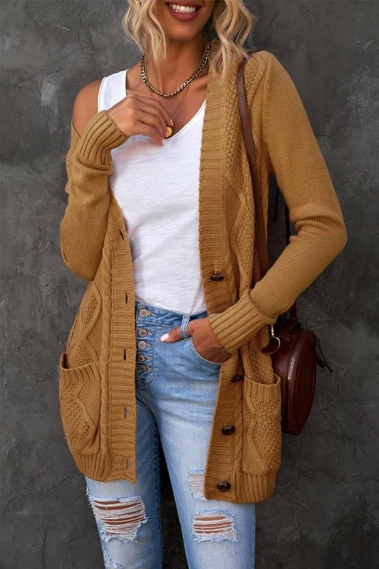 Merkloos Lang Gebreide Vest Dames - Kaki - Knoopsluiting - Valentina - Maat L 5 Merkloos Lang Gebreide Vest Dames - Kaki - Knoopsluiting - Valentina - Maat L - Afbeelding 3